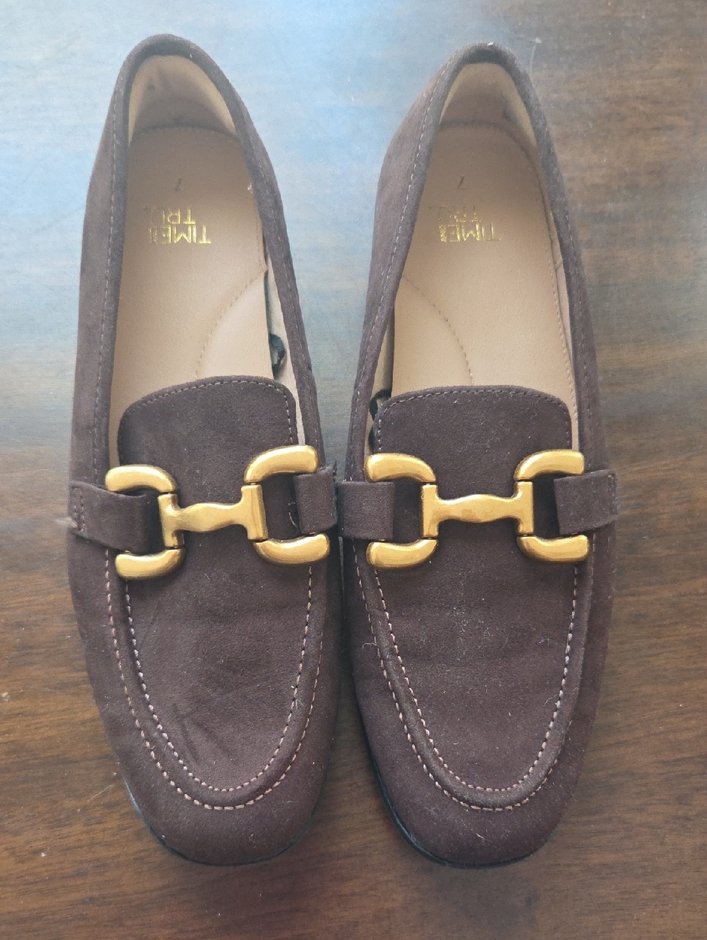 Women’s Brown Suede Loafers with Gold Embellishment Size 7